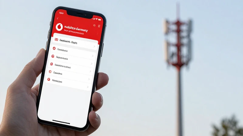 Teléfono muestra ajustes, torre Vodafone al fondo
