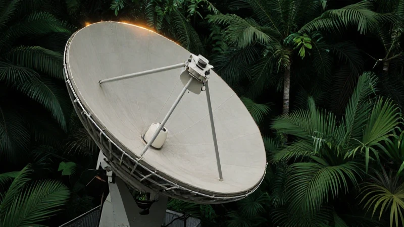 Antena satelital en follaje, luz cinematográfica