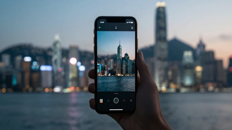 Señal de red sobre smartphone, ciudad difusa