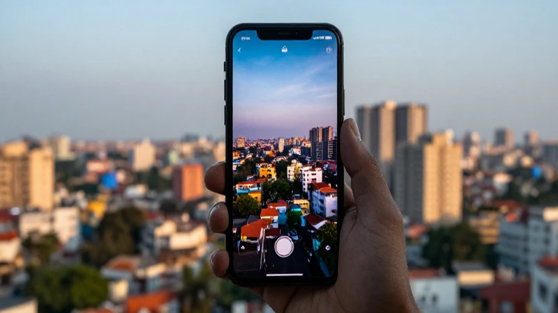 Teléfono muestra señal, ciudad vibrante, suave luz