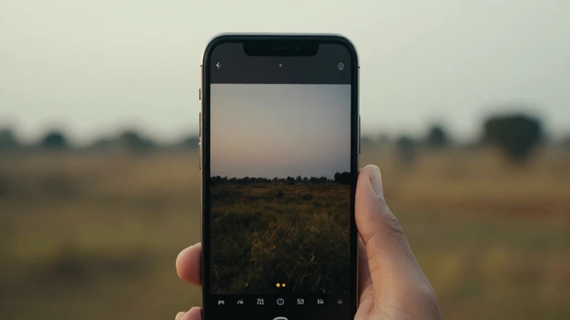 Primer plano cinematográfico de iPhone y paisaje borroso