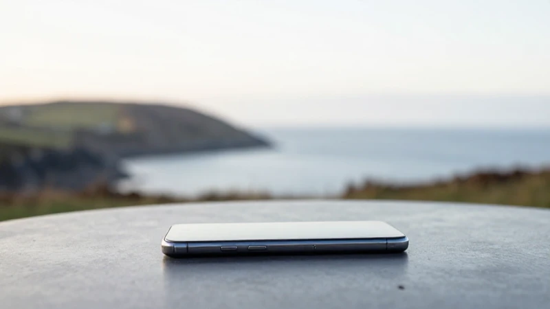 Smartphone sobre la mesa, costa borrosa al fondo