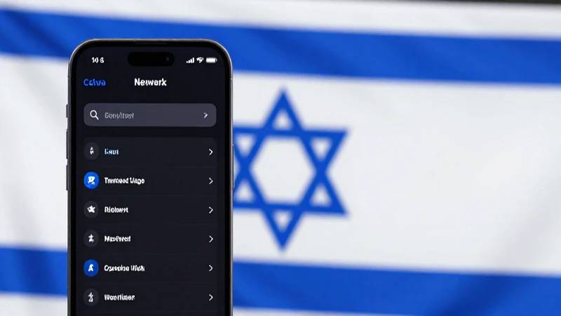 Teléfono muestra ajustes; bandera israelí borrosa al fondo