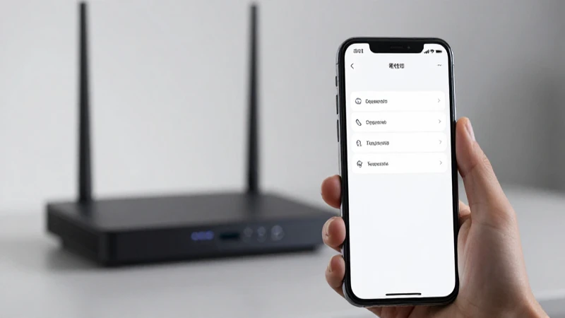 Smartphone con menú ajustes, router difuminado
