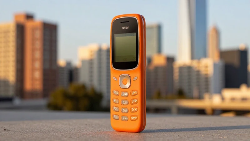 Teléfono naranja resalta en paisaje urbano cálido