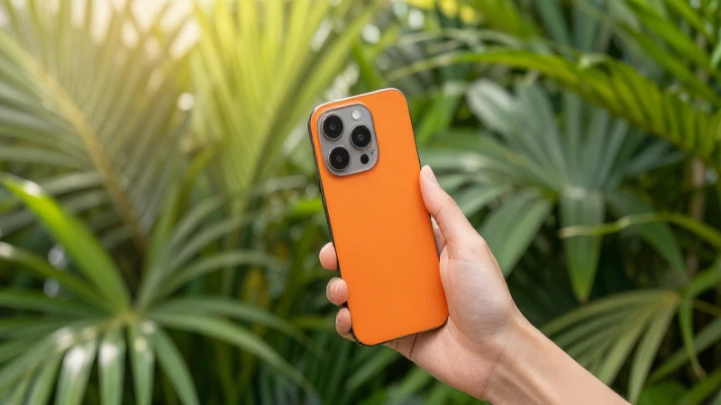 Teléfono naranja, vegetación vibrante, luz dorada suave