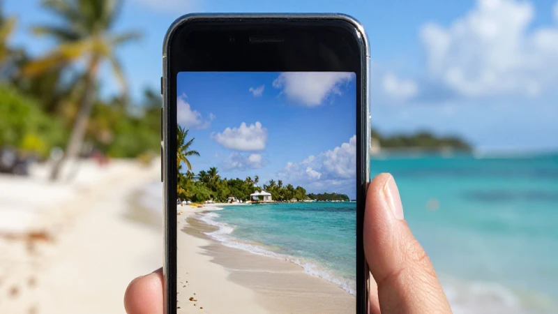 Teléfono Android, paisaje caribeño y luz brillante