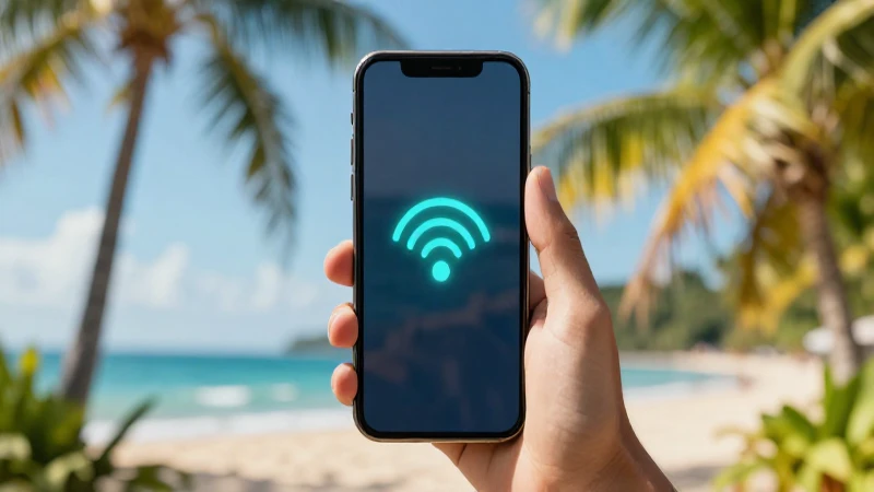 Teléfono muestra señal con fondo tropical