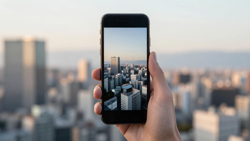 Teléfono móvil con paisaje urbano cinematográfico
