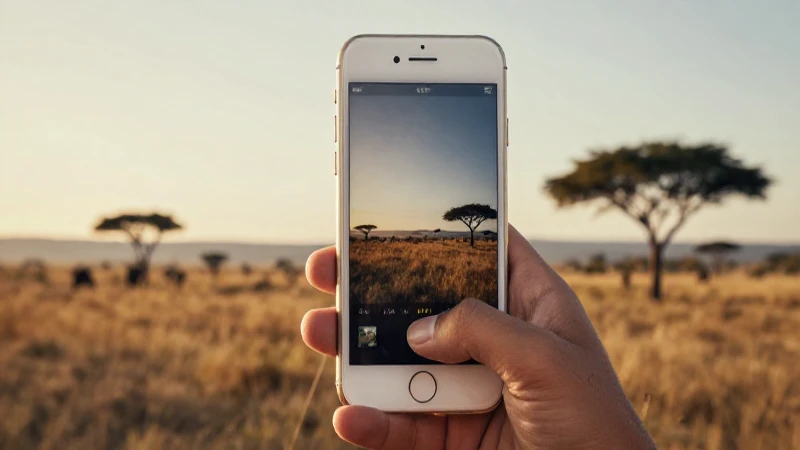 iPhone iluminado tras sabana africana cálida