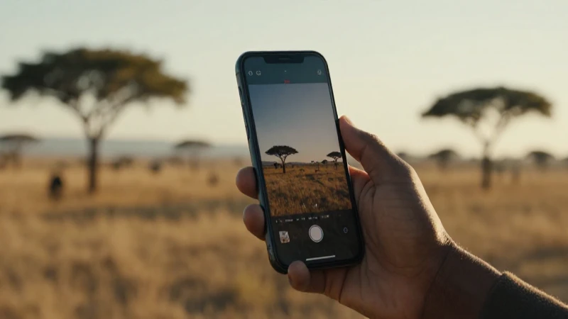 Teléfono móvil, sabana africana al atardecer