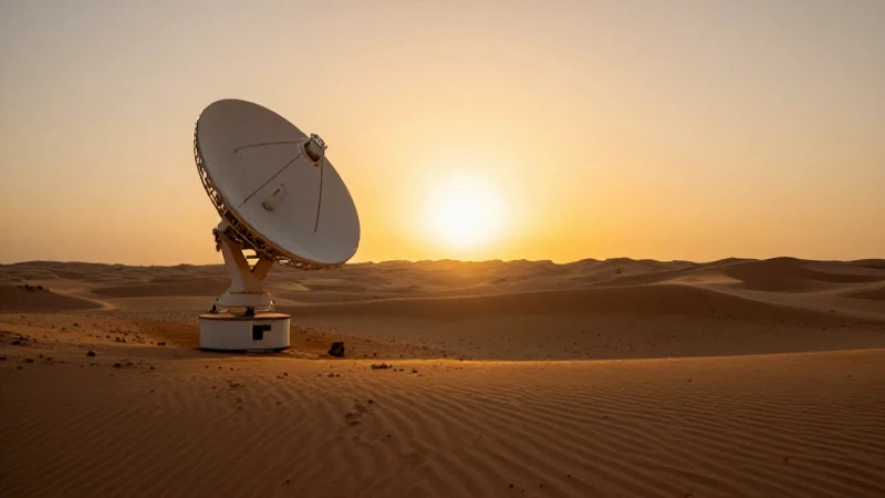 Antena satelital en desierto al atardecer