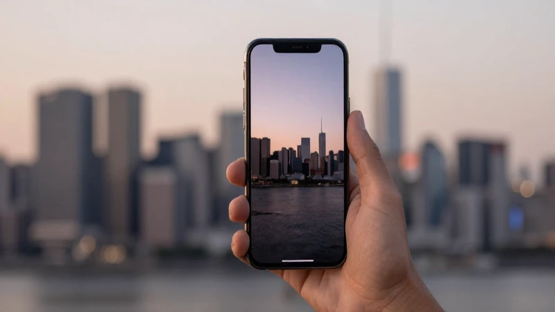 Smartphone moderno con fondo urbano difuminado
