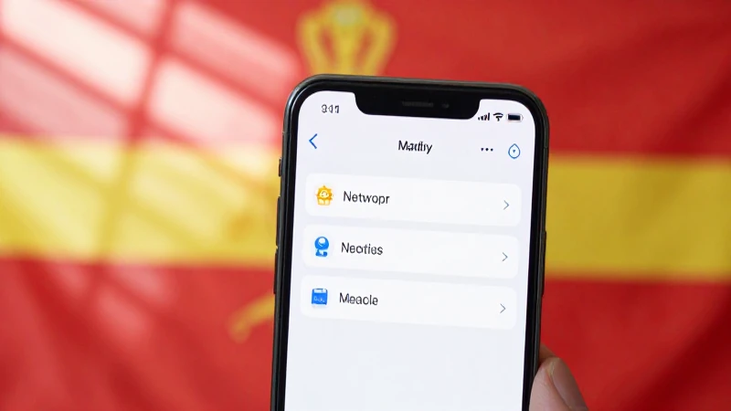 Smartphone mostrando ajustes con fondo macedonio