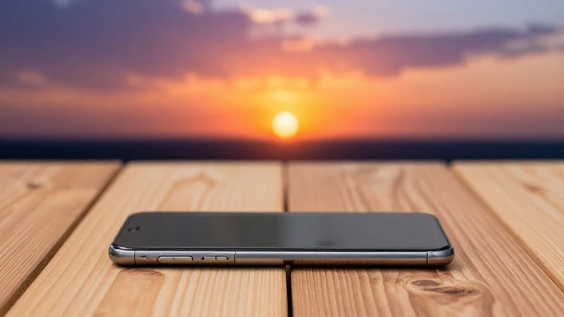 Smartphone sobre mesa, atardecer africano colorido