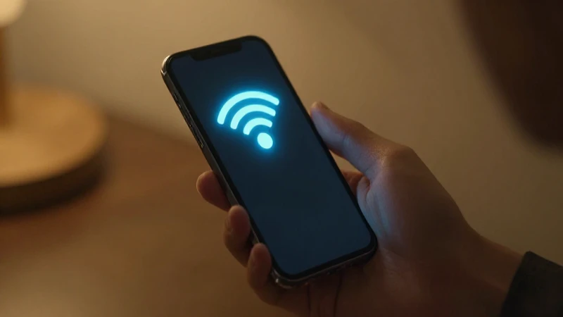 Mano sosteniendo móvil, señal WiFi resplandeciente