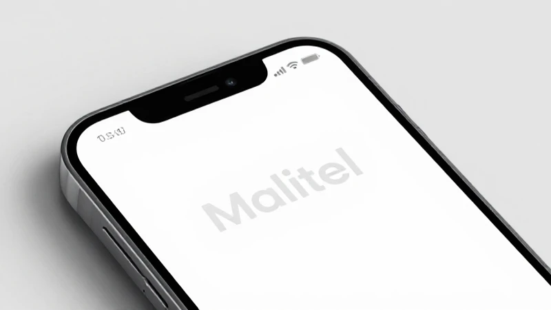Smartphone iOS con logotipo Malitel minimalista