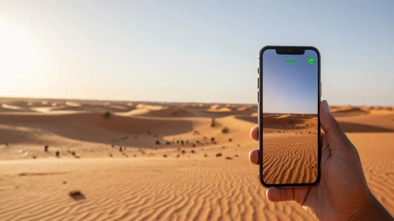 Teléfono muestra señal en desierto soleado
