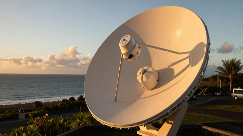 Antena satelital en Mauricio al atardecer cinematográfico
