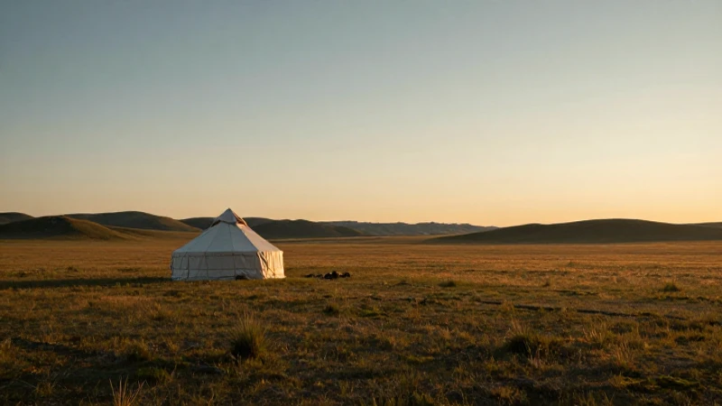 Estepa mongola, yurt iluminada al atardecer