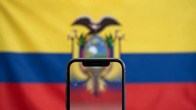 Smartphone iOS con bandera ecuatoriana, enfoque suave