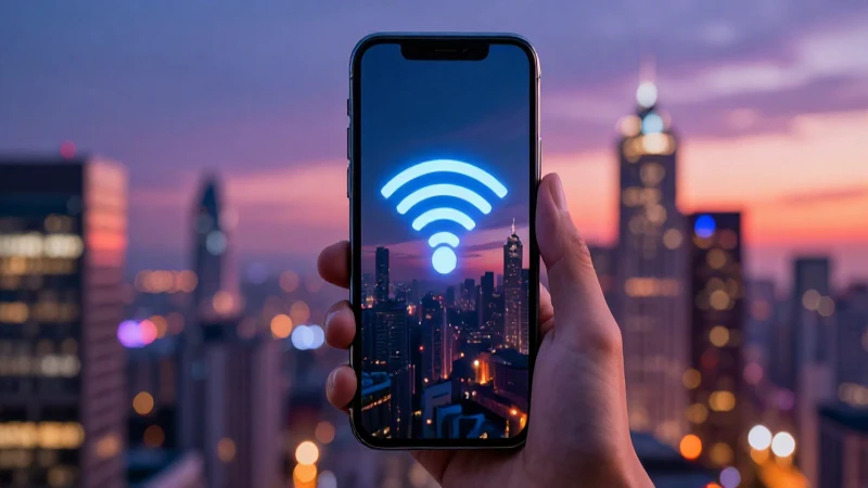 Smartphone muestra 5G con paisaje urbano vibrante