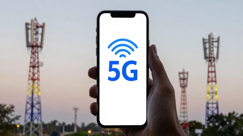 Smartphone muestra señal 5G con torres vibrantes