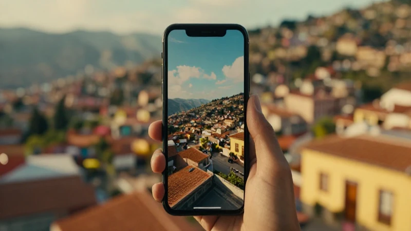 Teléfono peruano iluminado con ciudad vibrante
