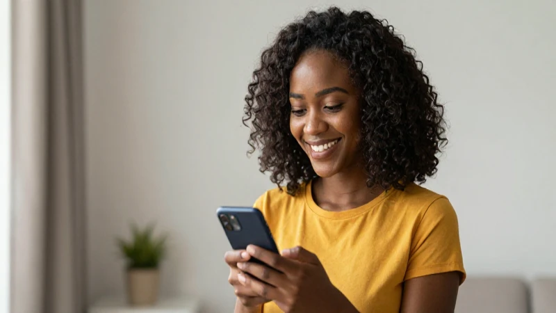 Mujer africana sonríe mostrando su saldo