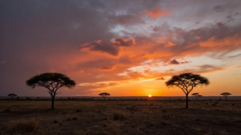 Sabana africana al atardecer, amplia panorámica cinematográfica