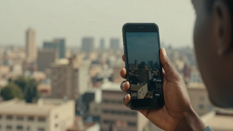Teléfono móvil contra fondo urbano africano