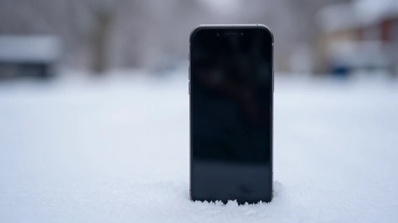 Teléfono iPhone sobre fondo nevado suave