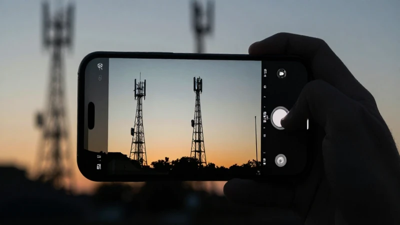 Pantalla de móvil contra torres celulares, cinematográfico