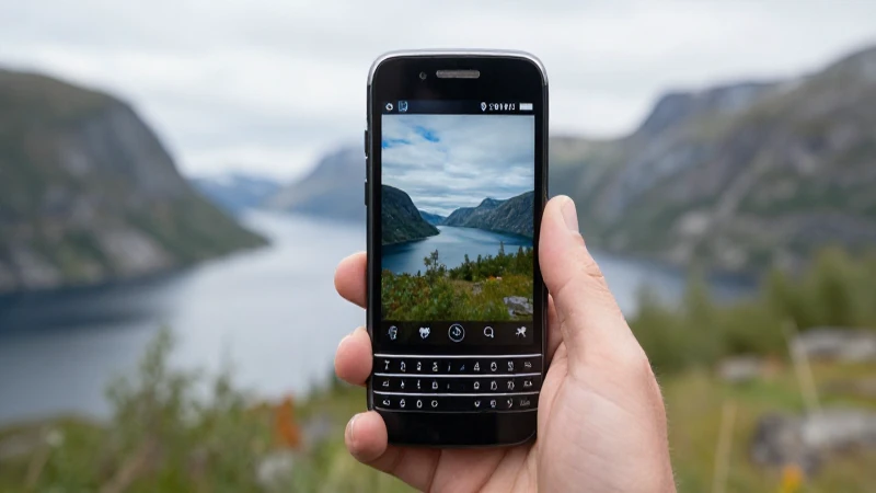 Teléfono BlackBerry con paisaje noruego suave