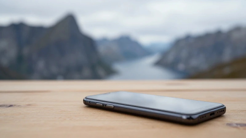 Teléfono sobre madera, fiordo difuminado al fondo