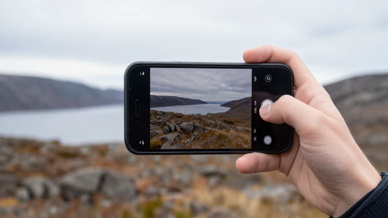 Smartphone con paisaje nórdico suavemente iluminado