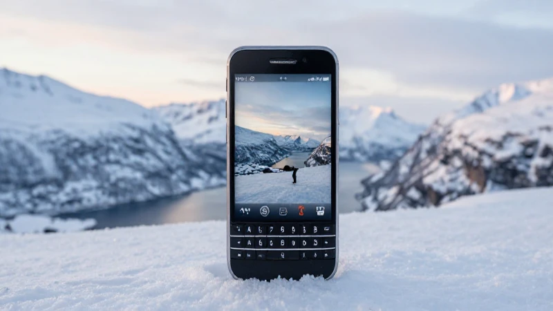Paisaje nevado noruego con móvil BlackBerry