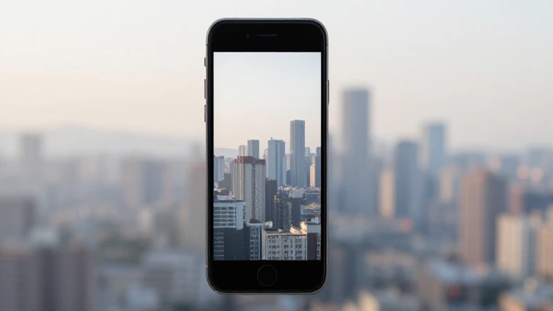 Smartphone muestra ciudad borrosa bajo luz suave