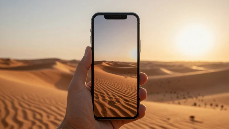 Teléfono Android, desierto omaní, luz cálida