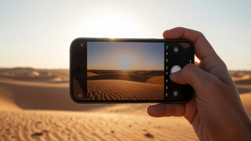 Teléfono inteligente, desierto cinematográfico, contraluz