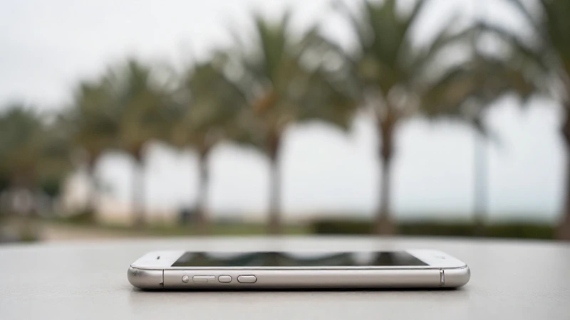 iPhone sobre mesa, palmeras desenfocadas