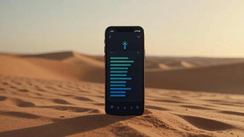 Teléfono mostrando señal, paisaje desértico cálido