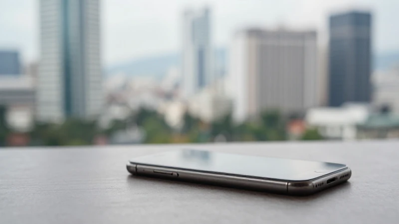 iPhone sobre mesa, fondo borroso de Manila