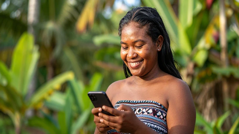 Mujer sonriente papúa con móvil en selva