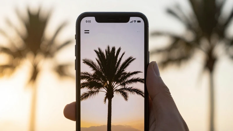 Teléfono con señal, palmera al atardecer