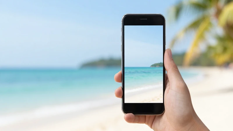 Teléfono inteligente con playa suavemente desenfocada