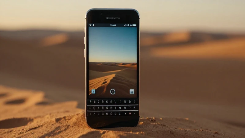 Smartphone BlackBerry en desierto, luz dorada cinematográfica
