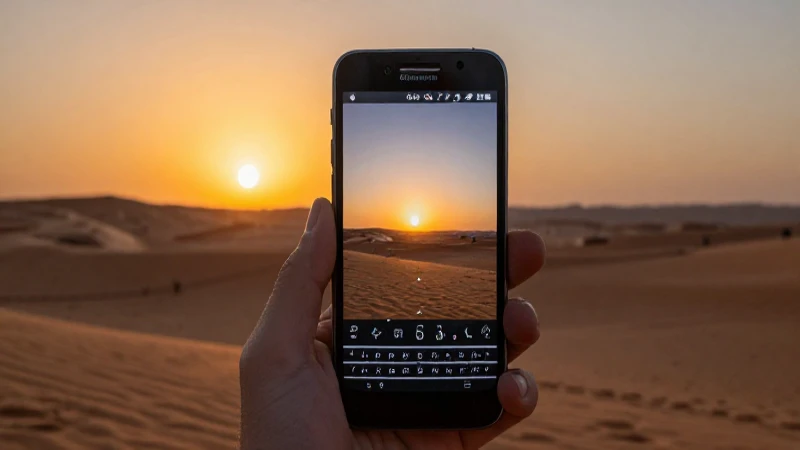 Atardecer dramático con teléfono BlackBerry en el desierto