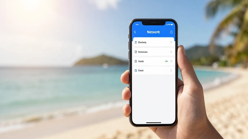 Teléfono muestra ajustes, playa caribeña al fondo