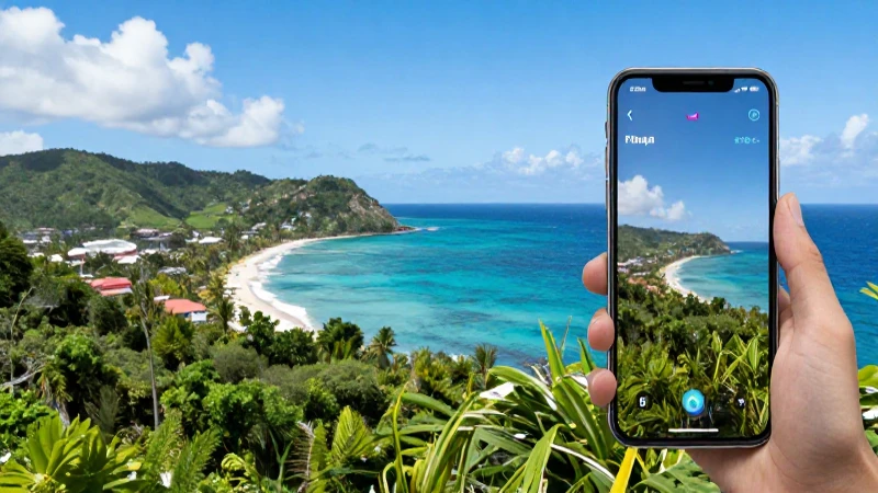 Teléfono móvil muestra señal con paisaje caribeño
